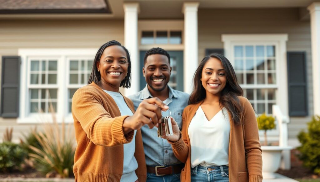 Happy homeowners in front of their new house Happy homeowners in front of their new house