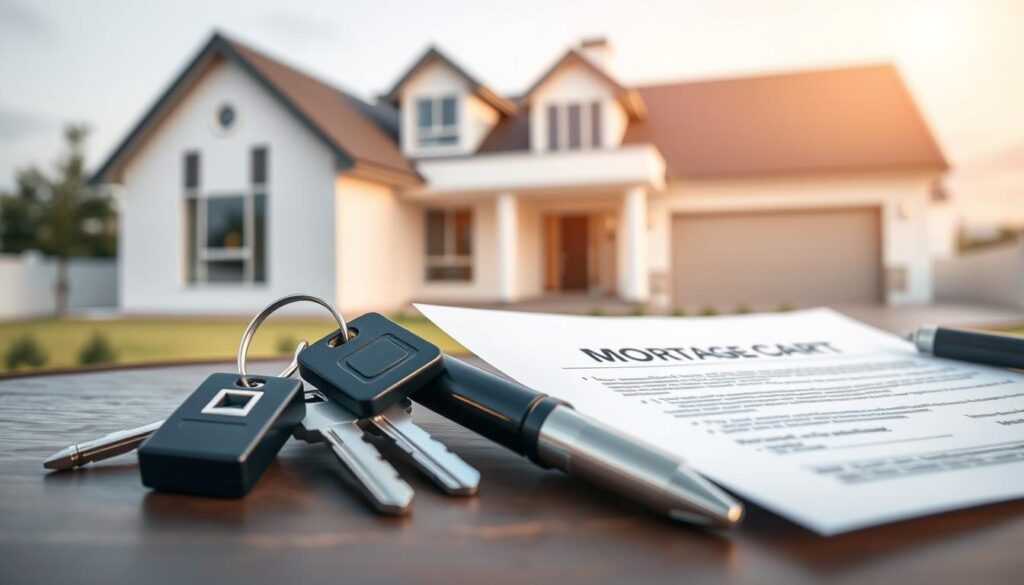 House with mortgage contract and keys
