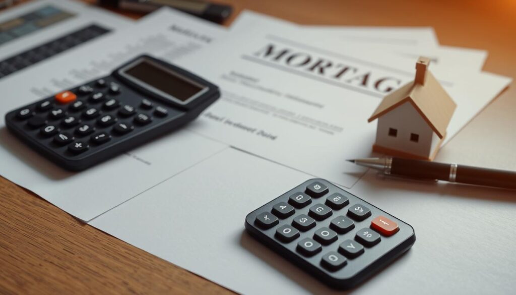 Mortgage documents with calculator and house model Mortgage documents with calculator and house model