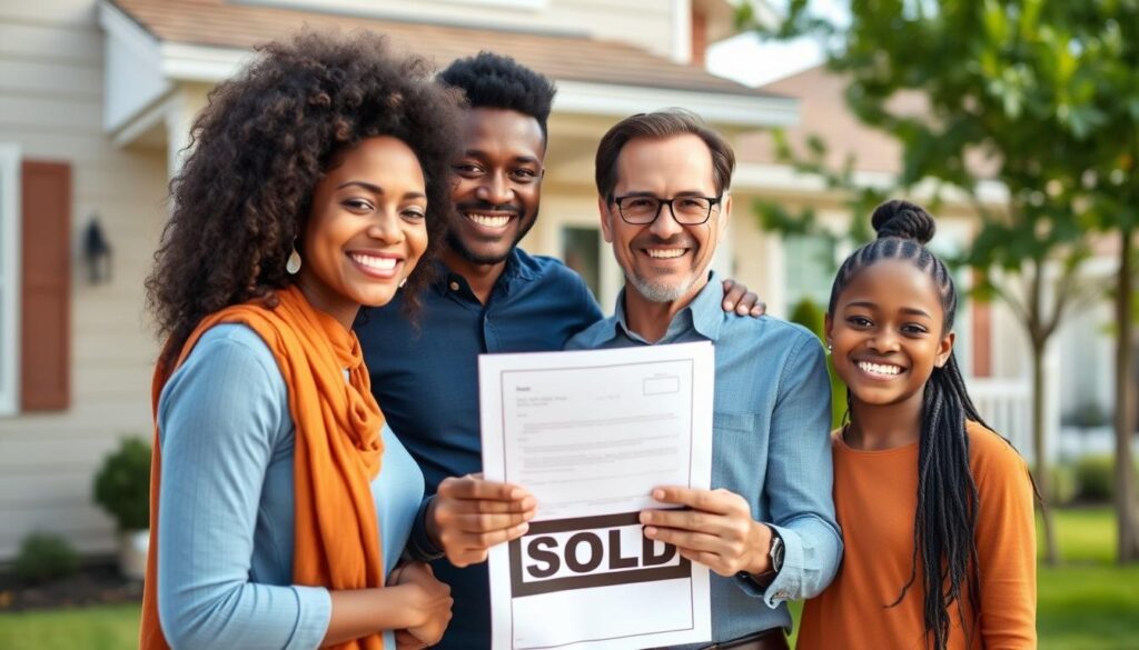 A family standing in front of their new home with a sold sign and mortgage documents