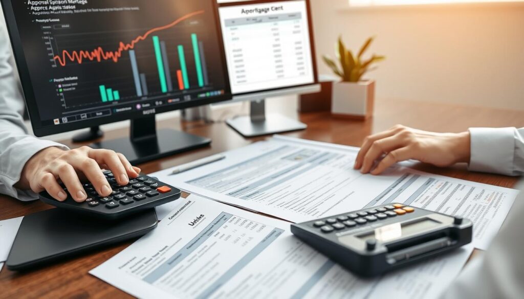 Lender reviewing mortgage application with affordability calculations for 2025 rates Lender reviewing mortgage application with affordability calculations for 2025 rates